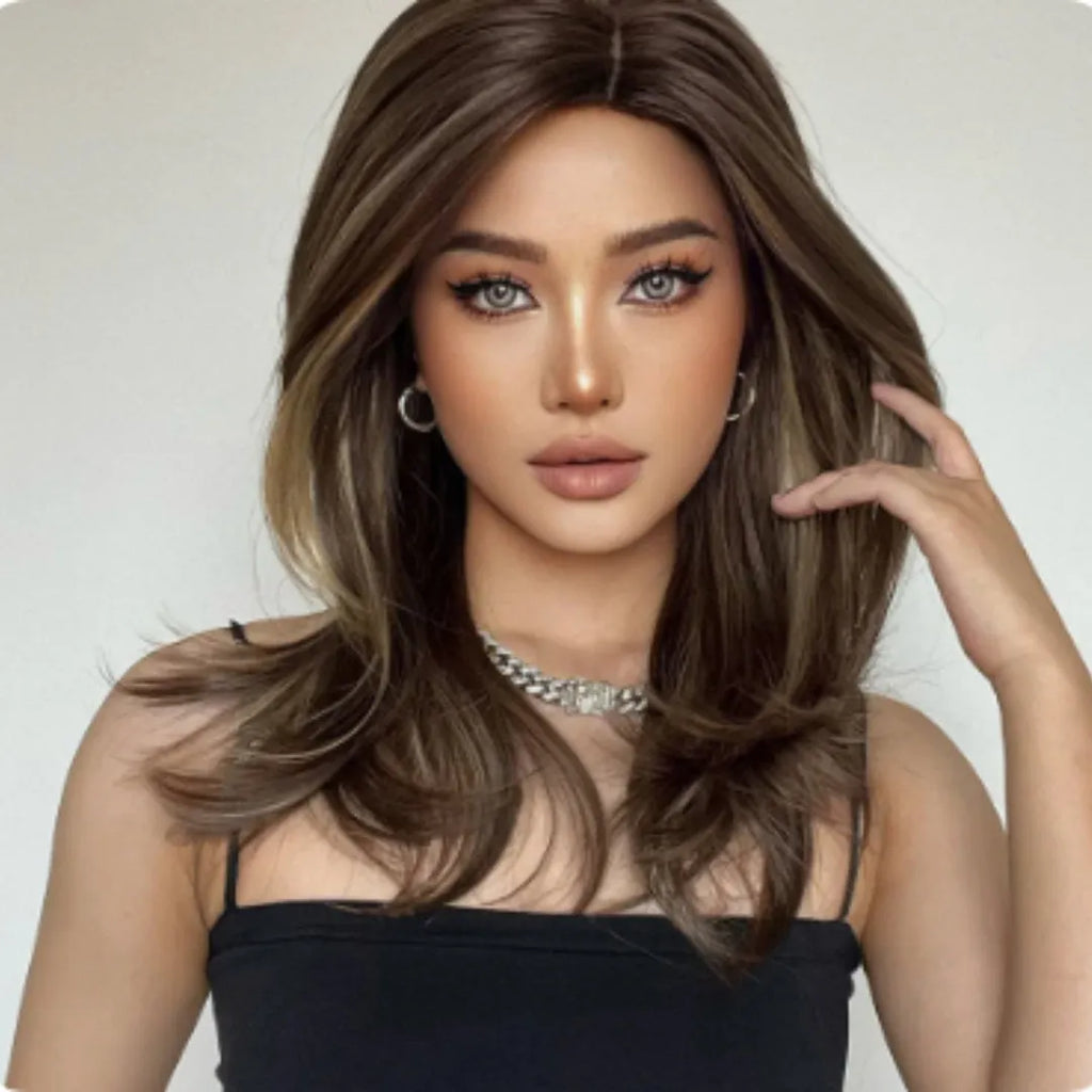 Mid-length curly gradient colour wig in high-temperature fibre on a stand.