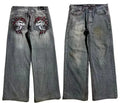 Men's grey wide-leg jeans with washed-out retro styling and straight-leg workwear design