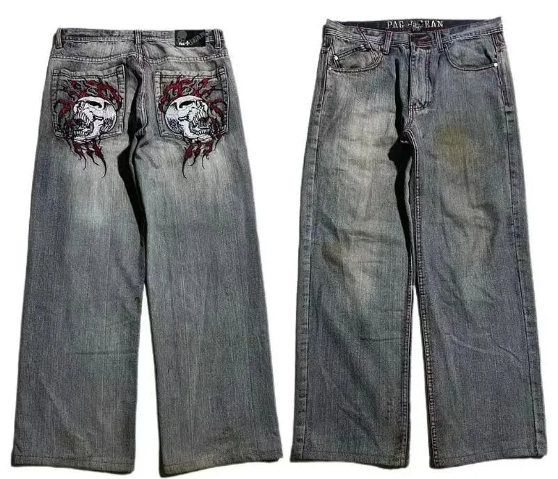 Men's grey wide-leg jeans with washed-out retro styling and straight-leg workwear design