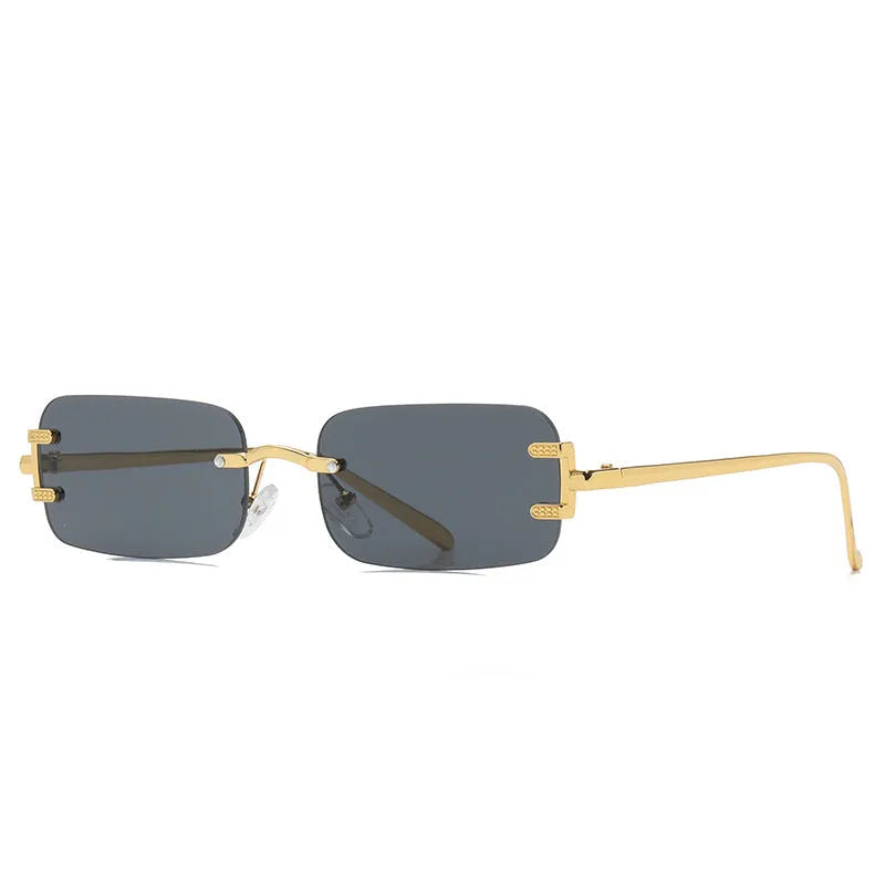Retro square frameless sunglasses with metal frame and AC lenses, shown in gold or black frame colour options