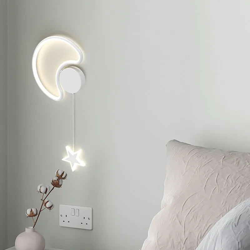 Cartoon five-pointed star bedside wall lamp in black or white with cloud, moon, or star motifs