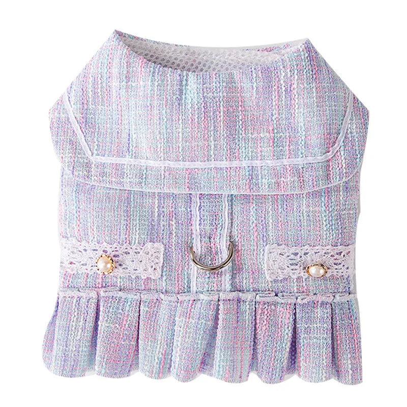 Salem purple and pink polyester pet clothing for cats and small dogs, shown in sizes S, M, L, XL.