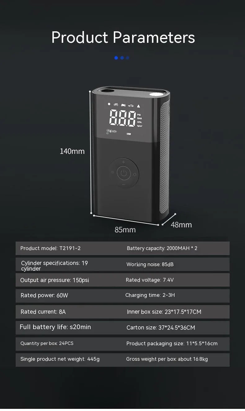 Wireless handheld digital display air pump with LED light and accessory nozzles for car and bicycle tyres