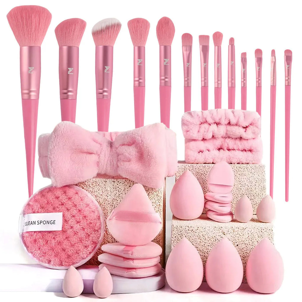 Beauty tool combination set with hydrophilic non-latex material in brown, pink, and purple colours
