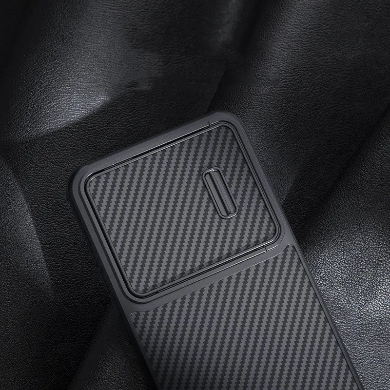 Black Samsung Galaxy S23 Ultra phone case with a sliding lens cover over the camera module.