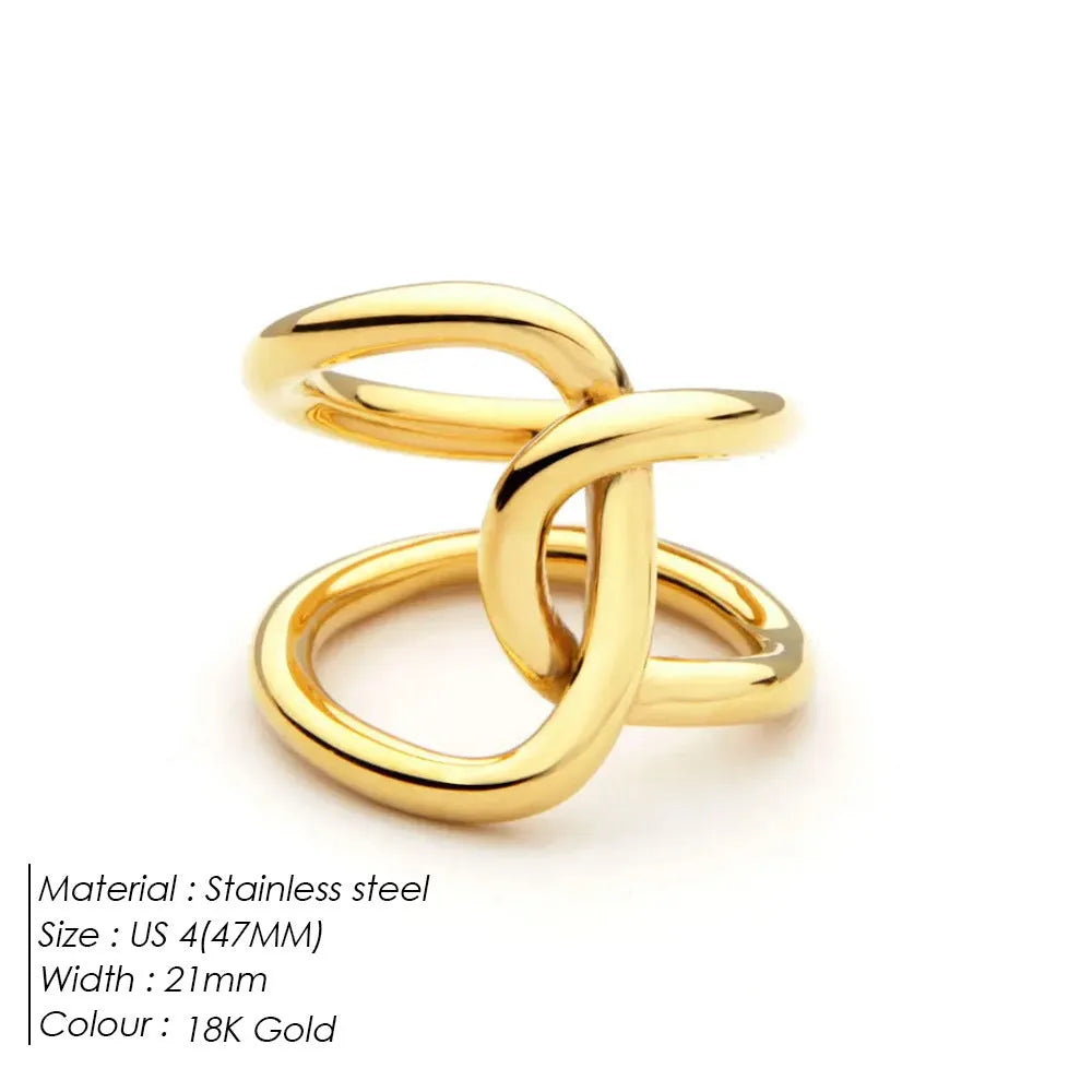 Adjustable stainless steel knotted ring in geometric U-shape design with opening closure
