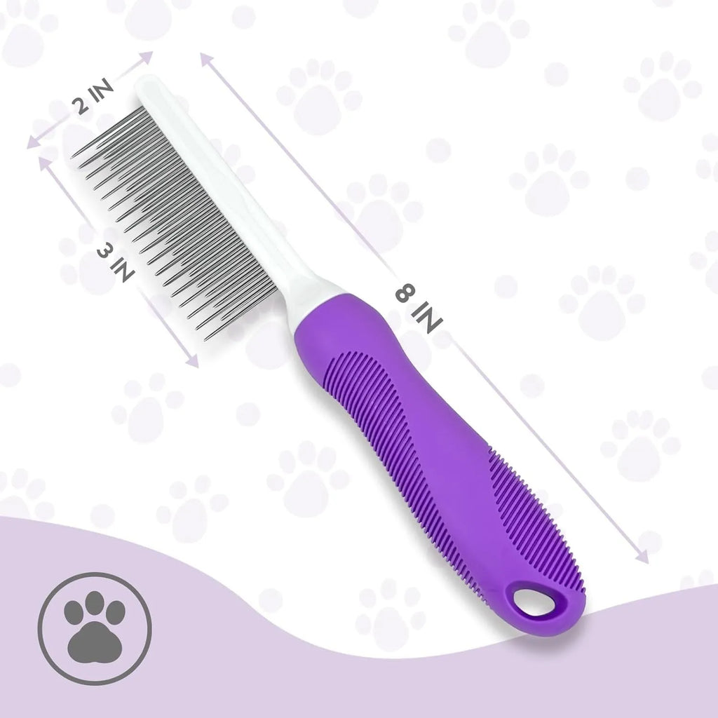 Purple pet detangling comb with stainless steel teeth for dogs and cats on white background