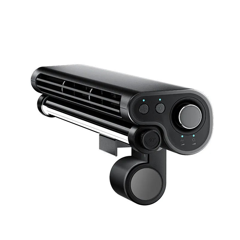 Black bladeless USB desk fan with clip-on screen attachment and adjustable LED lighting lamp