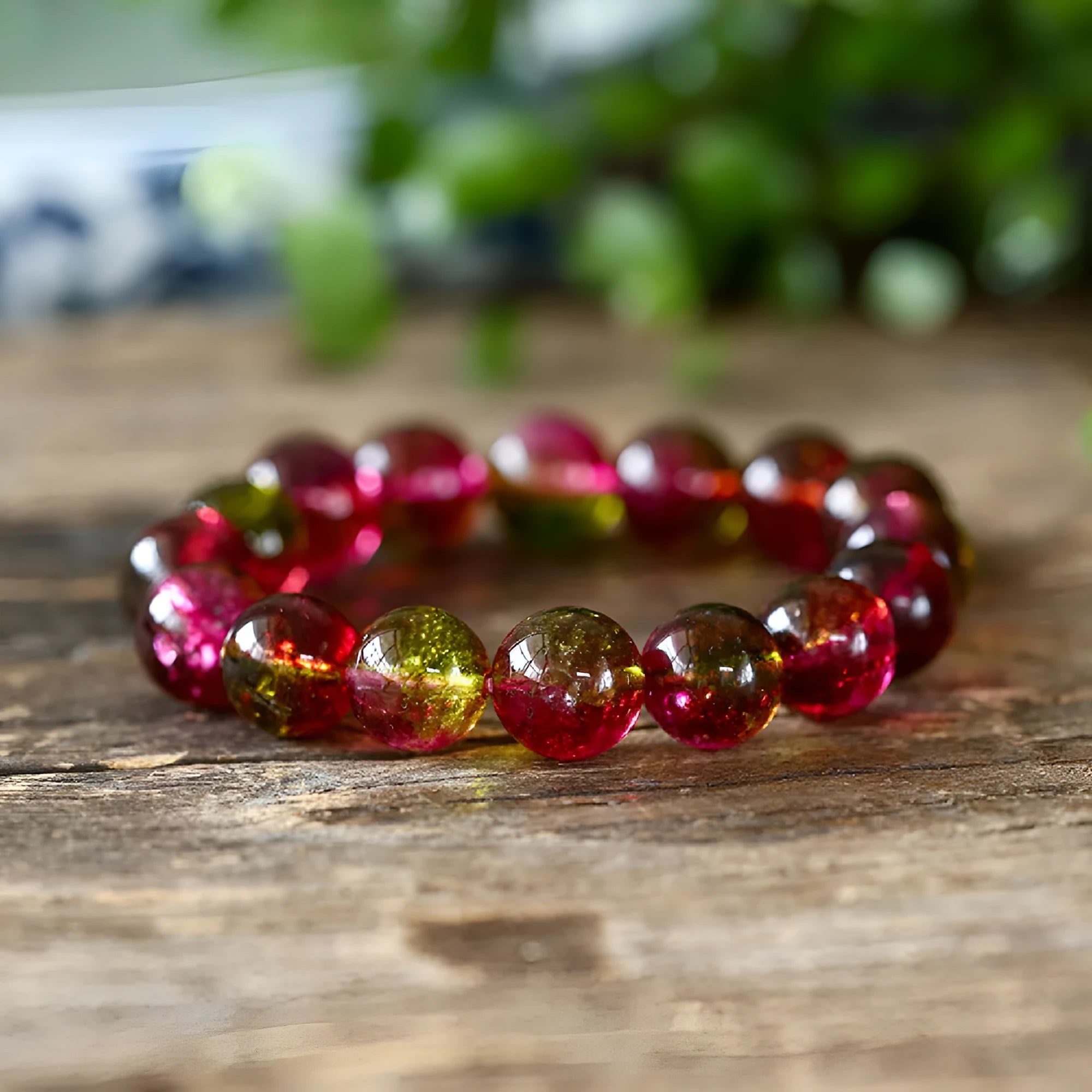 Women's handmade watermelon crystal bracelet in pastoral style showing bead detail