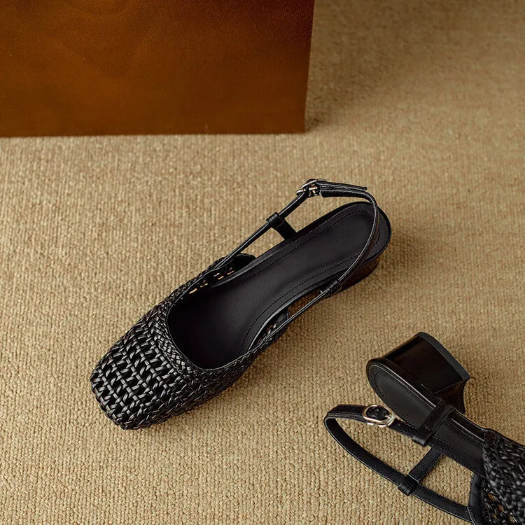 Women's beige woven hollow-out sandals with closed toe, chunky heel, and ankle strap buckle.
