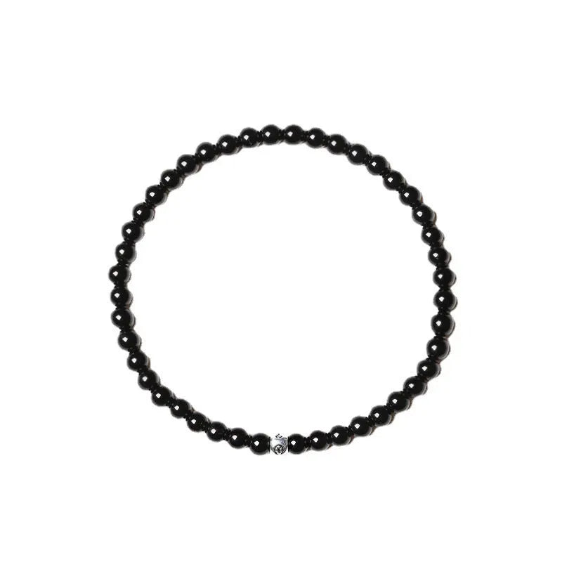 Geometric electroplated agate unisex bracelet with obsidian, blue san, and black agate 4mm beads.