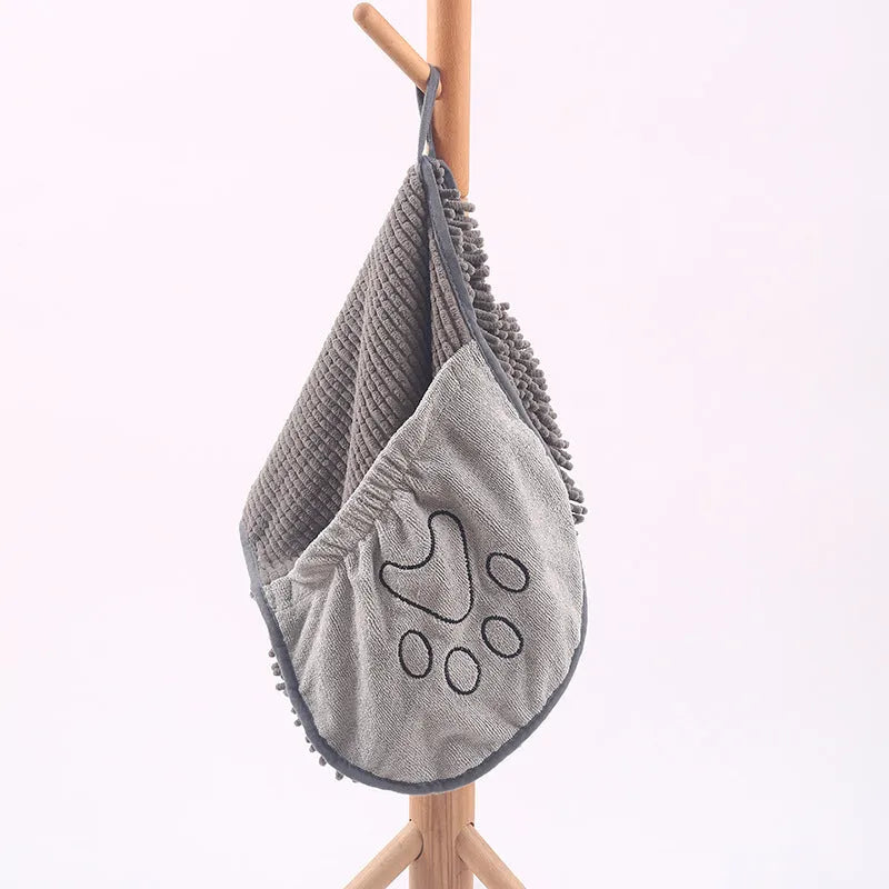 Grey chenille pet towel made from fibre for drying dogs and pets after a bath or swim