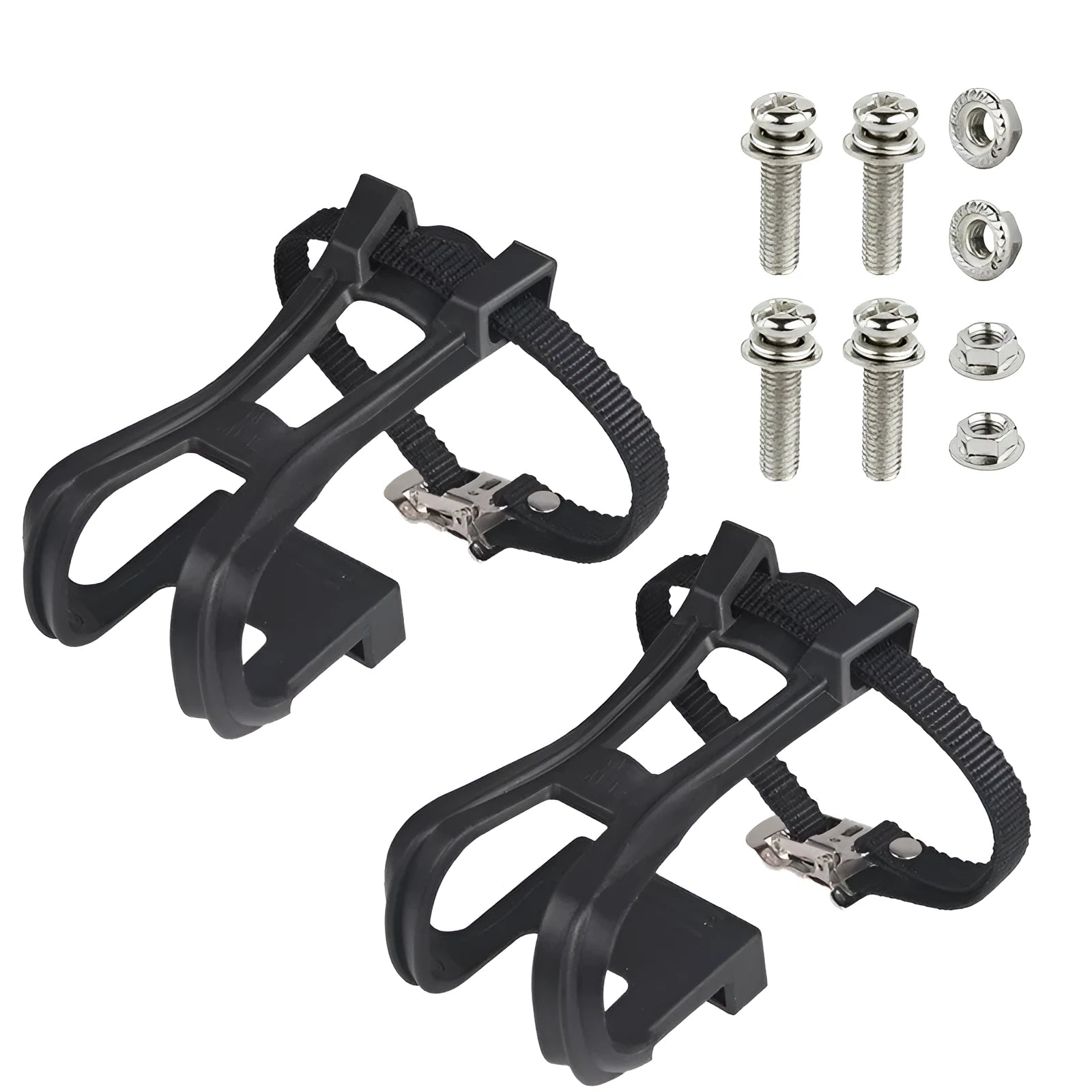 Fitness spinning pedal foot holder rope set with plastic holder, metal lashing, bolts, and flange nuts