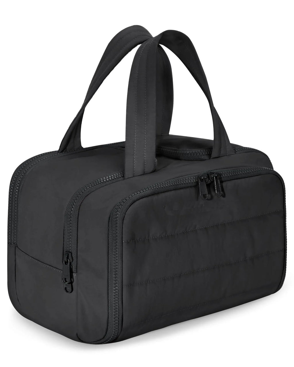 Large lightweight polyester travel toiletry bag in black, open to show spacious interior.