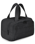 Large lightweight polyester travel toiletry bag in black, open to show spacious interior.
