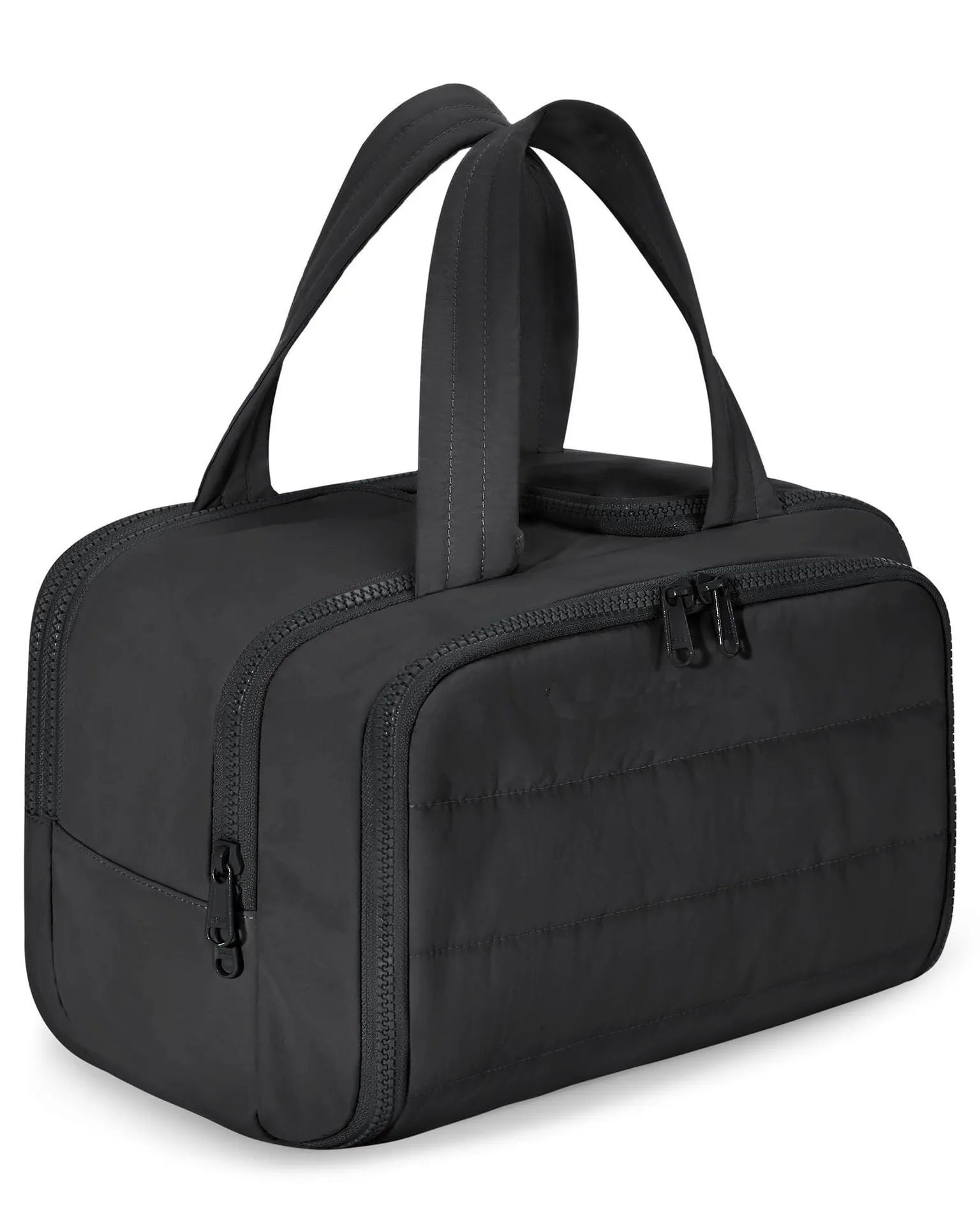 Large lightweight polyester travel toiletry bag in black, open to show spacious interior.