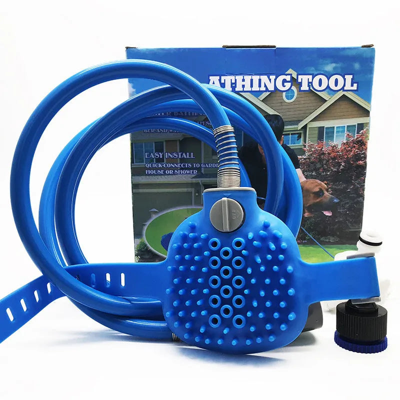 Blue pet bath brush with 2.5-metre hose, silicone and ABS body, and two adapters for dogs and cats