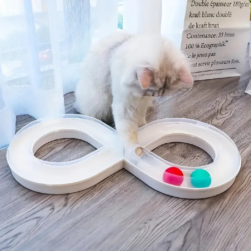 50cm long blue and white cat toy track with turntable, moving balls and teasing sticks for feline entertainment