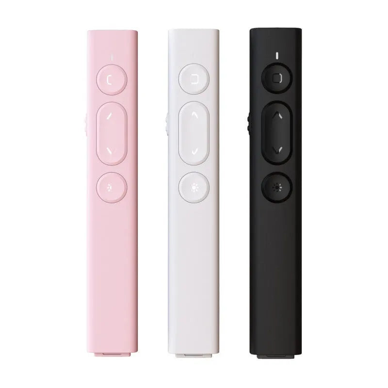 A whiteboard remote control pen with a universal USB receiver, shown in black, white, and pink colour options.