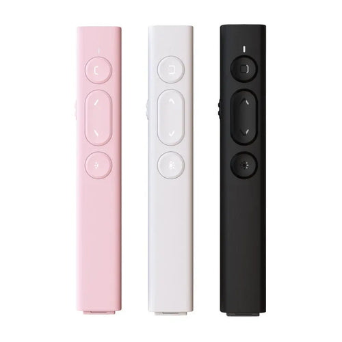 A whiteboard remote control pen with a universal USB receiver, shown in black, white, and pink colour options.