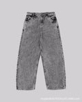 Grey loose straight-leg denim trousers on hanger showing mid-rise waist and cotton denim fabric