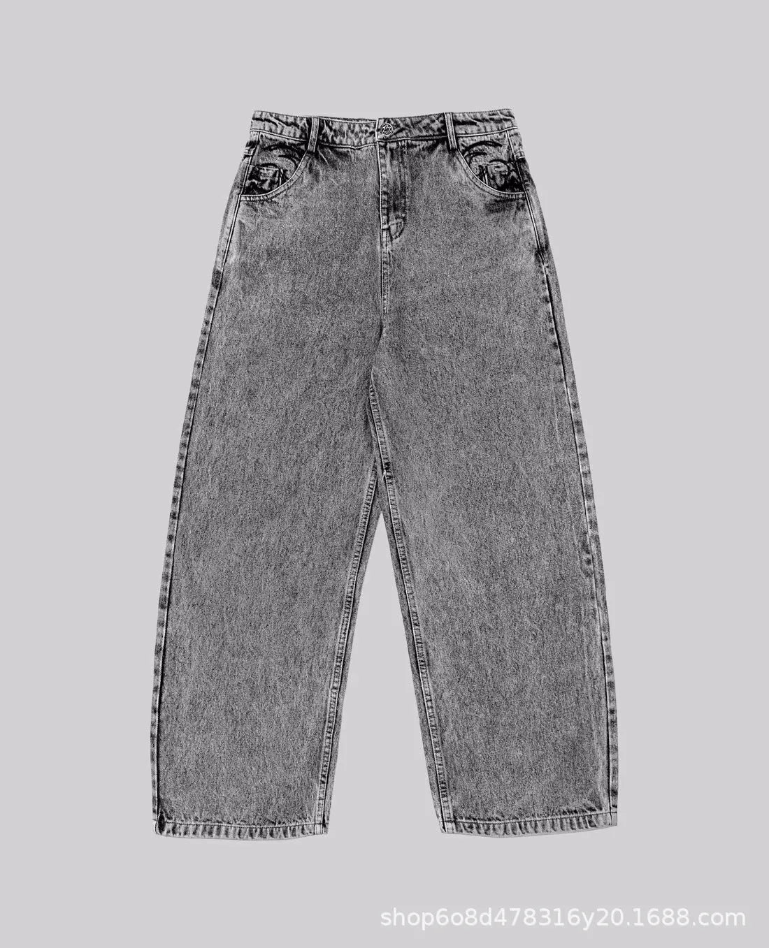 Grey loose straight-leg denim trousers on hanger showing mid-rise waist and cotton denim fabric