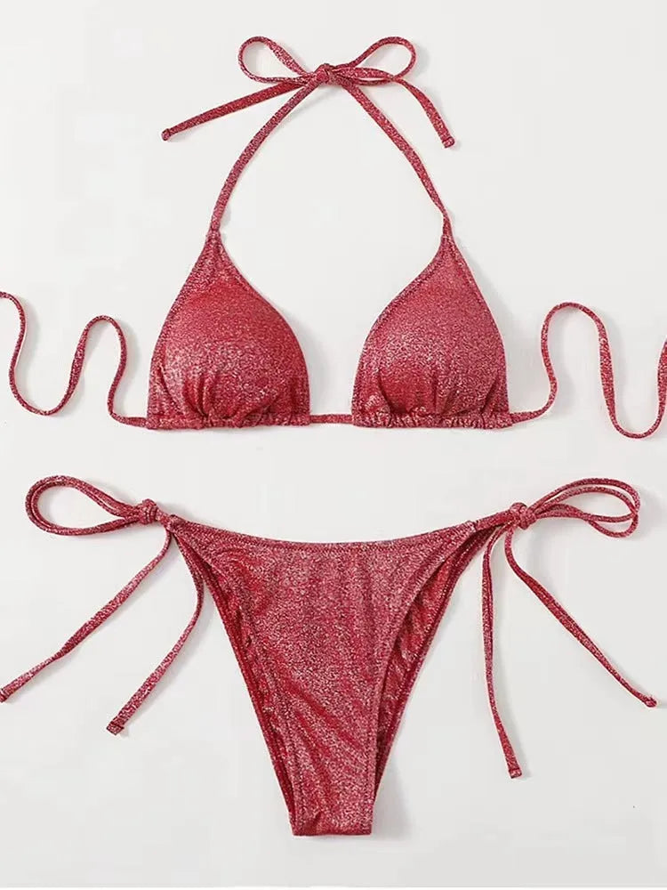 Women's bandage style bikini swimsuit in multiple colours with size chart.