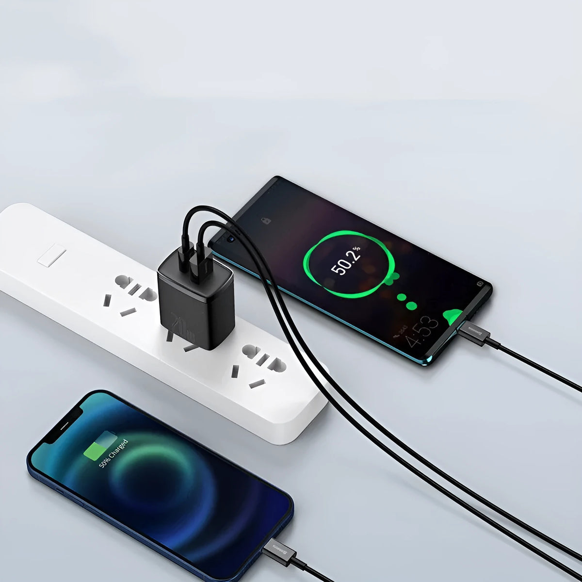 Mini Quick Charge 3.0 USB-C wall charger with American Standard plug, 240V input, 61.7x40x28mm, black or white