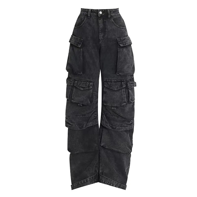 Women's blue tie-dyed wide-leg high-waist jeans with multiple pockets on a mannequin.