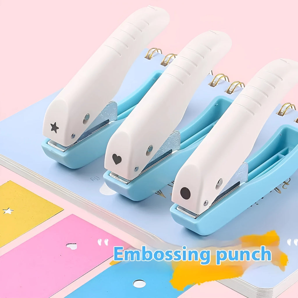 Small manual handheld embossing punch tool with four metal dies: Love, Star, 4mm and 6mm round dots.