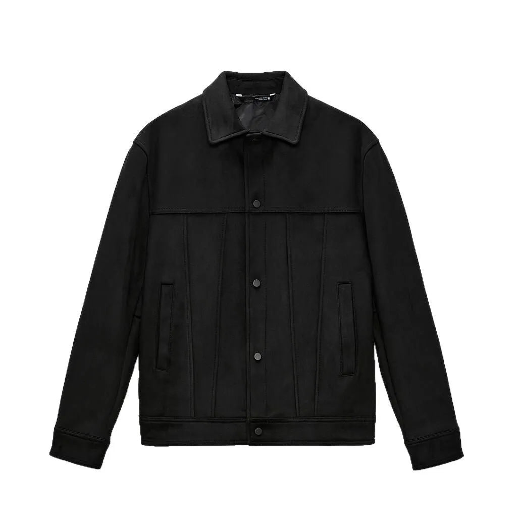 Black men's hooded jacket with a suede collar and side pockets.