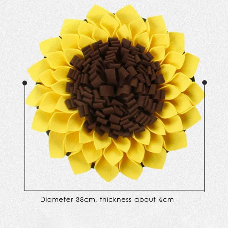 Yellow sunflower-shaped dog snuffle mat with rope attachment for nosework training