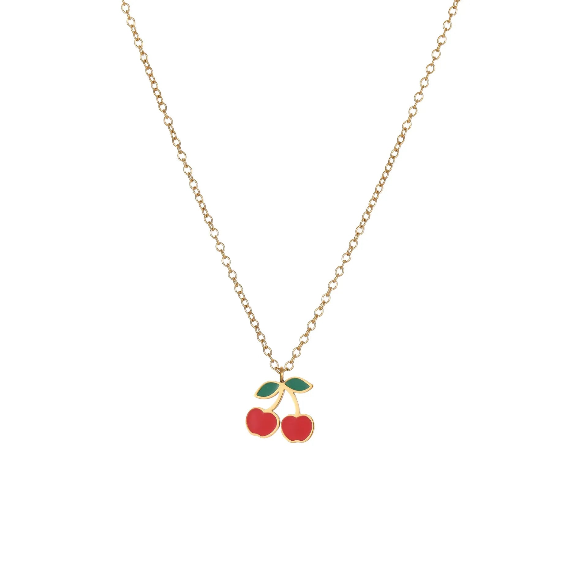 Cherry motif stainless steel jewellery set with gold plating, showing necklace, bracelet, earrings, and ring.