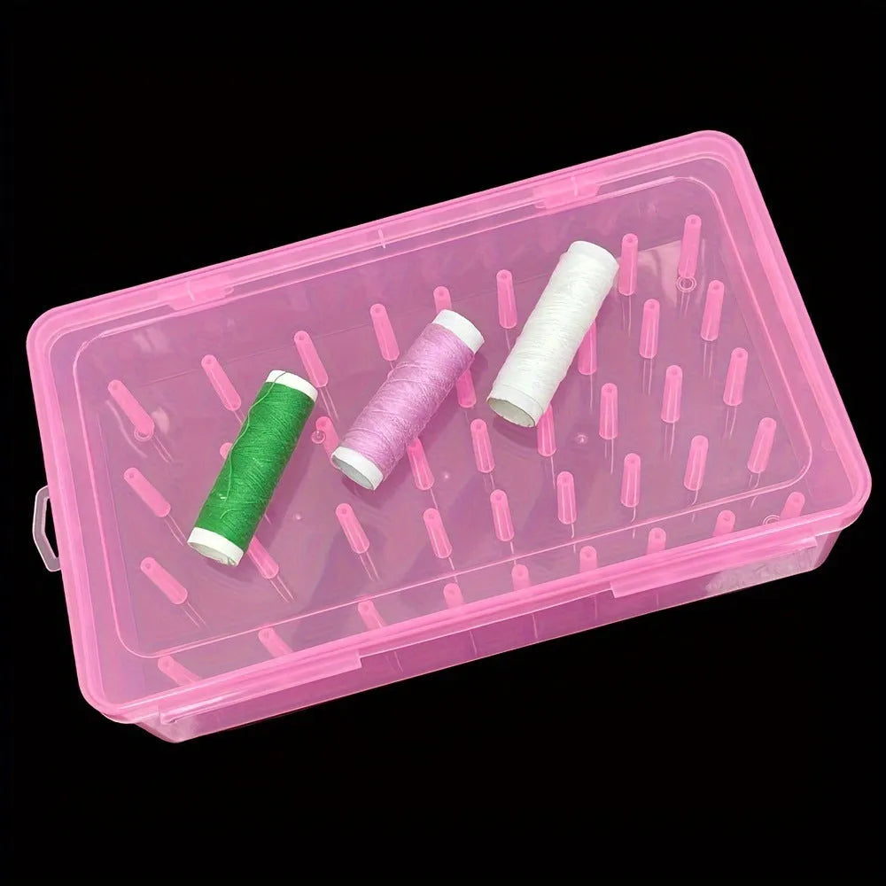 42 compartment transparent plastic storage box for embroidery threads and sewing kit organisation.
