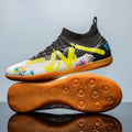 Low-top adult football boots with replaceable screw-in studs on a non-slip rubber sole.