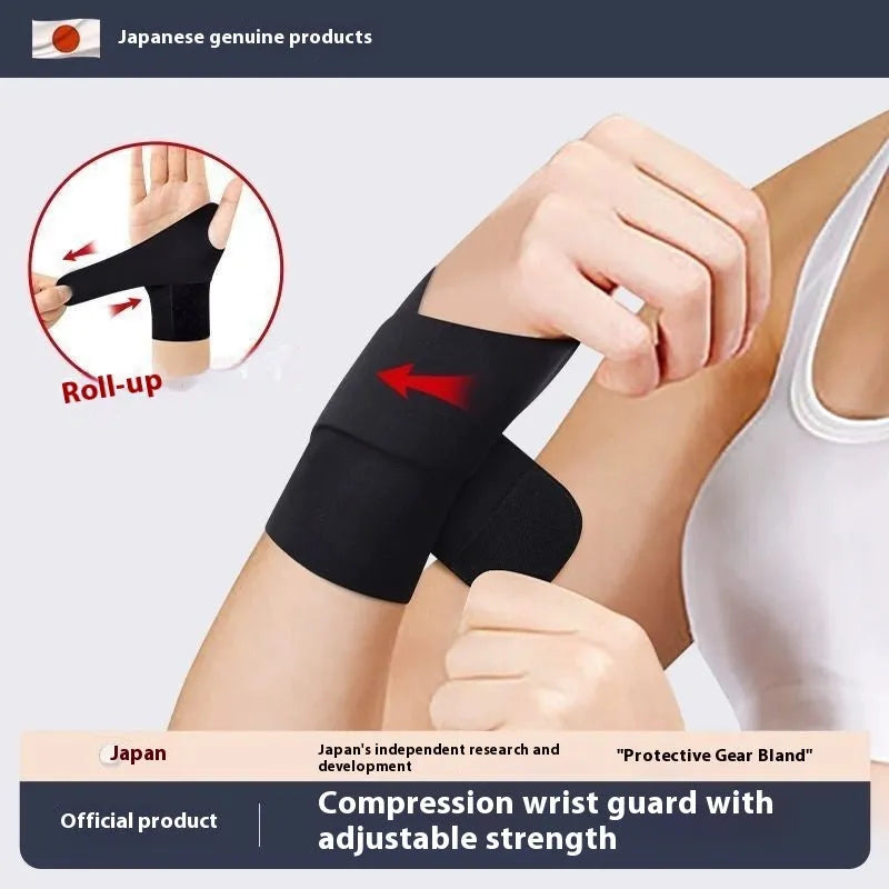 Adjustable black athletic wristguard worn on a wrist, suitable for badminton, tennis, and volleyball.