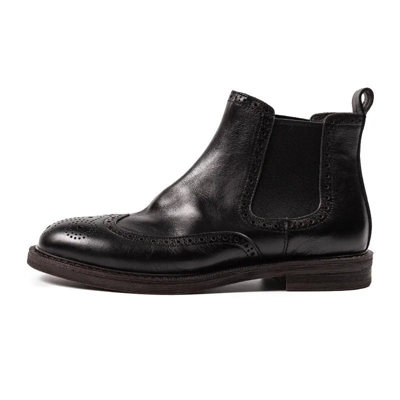 Men's Chelsea boots with brogue carved genuine leather upper in black or curry, rubber sole, 3-5cm heel