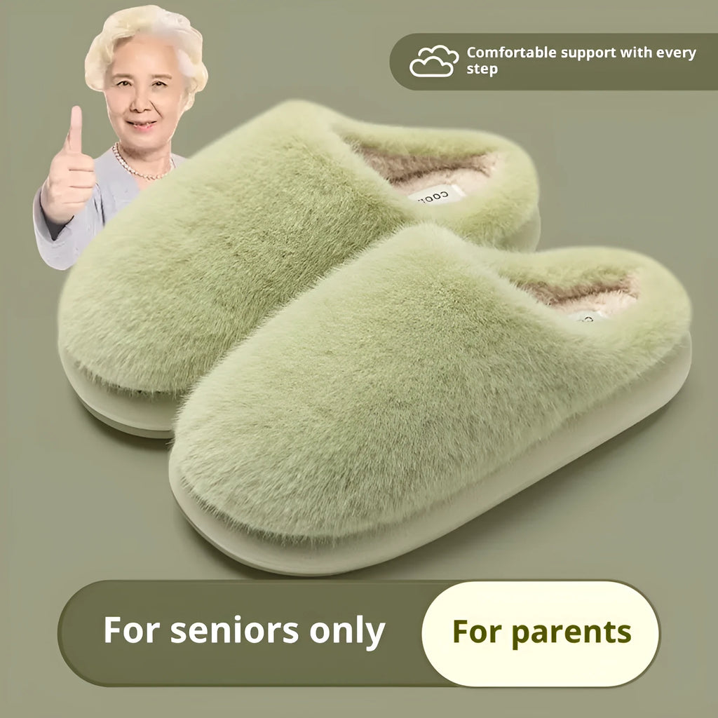 Non-slip winter cotton-padded slippers with artificial wool lining and plush upper, flat heel, sizes 36-45