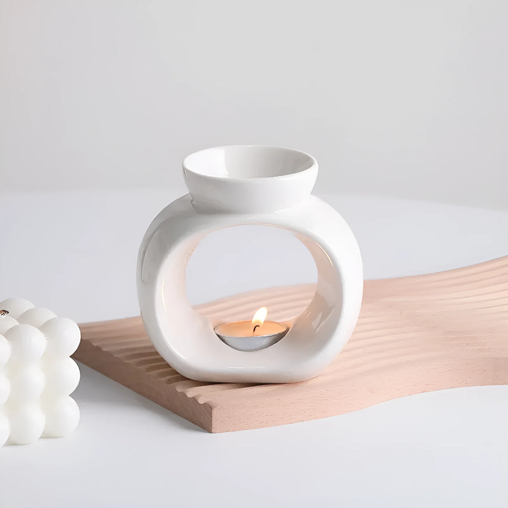 White Nordic style ceramic aromatherapy stove ornament with single colour glaze finish