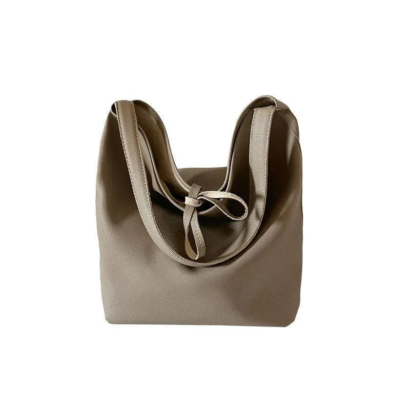 Large capacity PU bucket shoulder tote bag in grey or black, 25cm wide, 35cm high, 15cm thick, with file bag interior and sewing thread detail