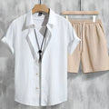 Men's casual Hawaiian outfit with 3D printed design showing short sleeve top and matching shorts