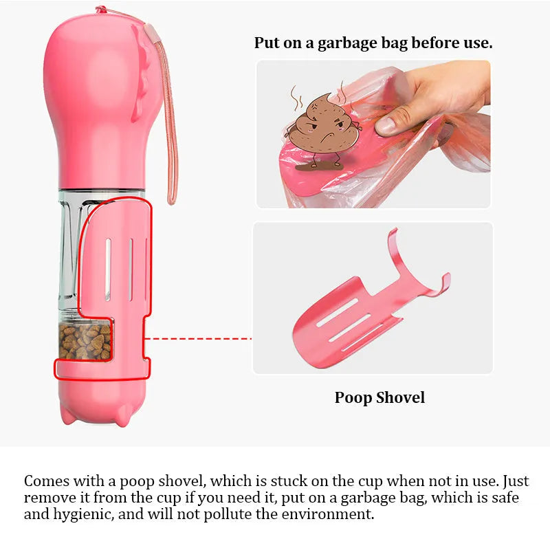 300ml multi-functional pet water bottle in yellow with side poop shovel and bottom garbage bag compartment