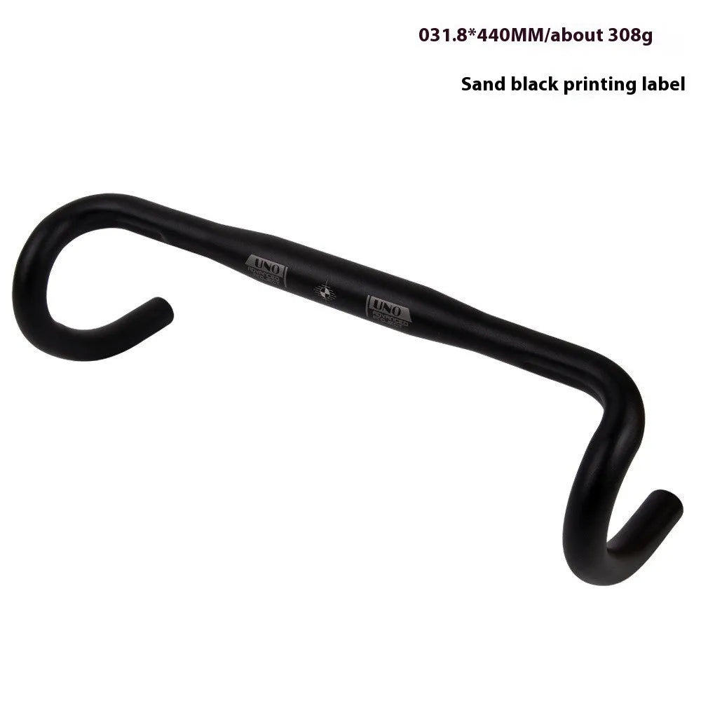 Black aluminium alloy road bike bent handlebar showing clamp area and printed size marking.