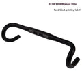 Black aluminium alloy road bike bent handlebar showing clamp area and printed size marking.