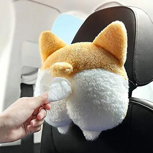 Yellow soft corgi butt shaped tissue box cover with elastic strap for hanging in car.