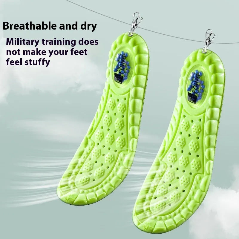 Green PU air cushion sports insoles with argy wormwood infusion on white background