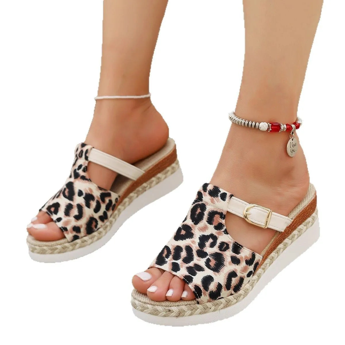 Leopard print wedge platform sandals with PU upper in light green colour, showing fishmouth toe design.