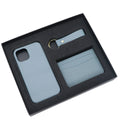 Genuine leather iPhone case gift set with matching keychain and card holder in a selected colour