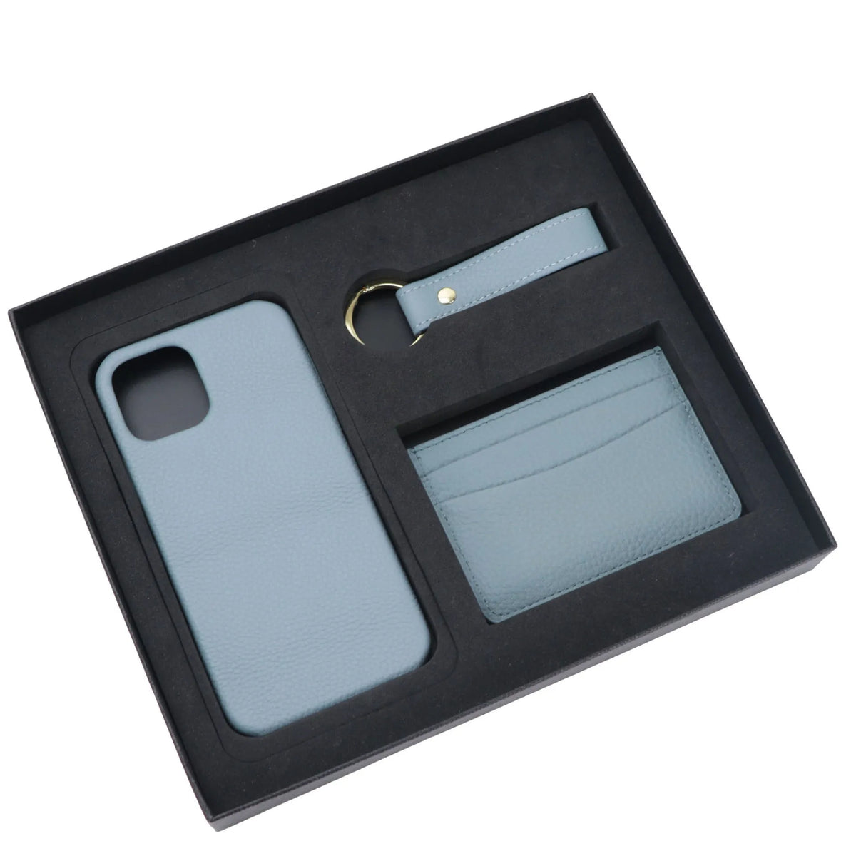 Genuine leather iPhone case gift set with matching keychain and card holder in a selected colour