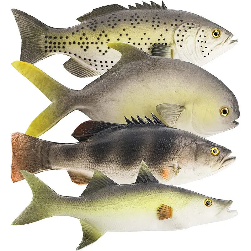 Three PU simulated fish ornaments: yellow-fin tuna, small tuna, and yellow croaker